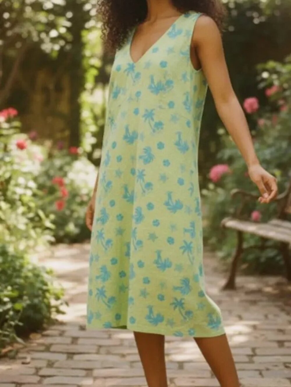 Nomadic Traders Green and Blue Palm Tree Cotton Dress size Large